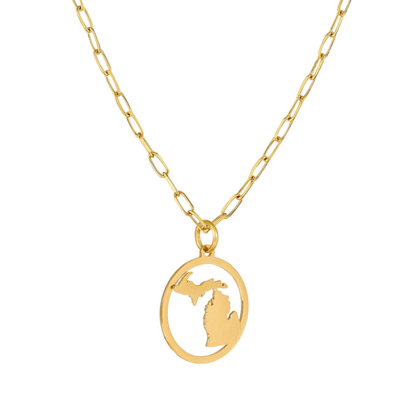 Michigan Map Paperclip Necklace - 18K Gold Finish