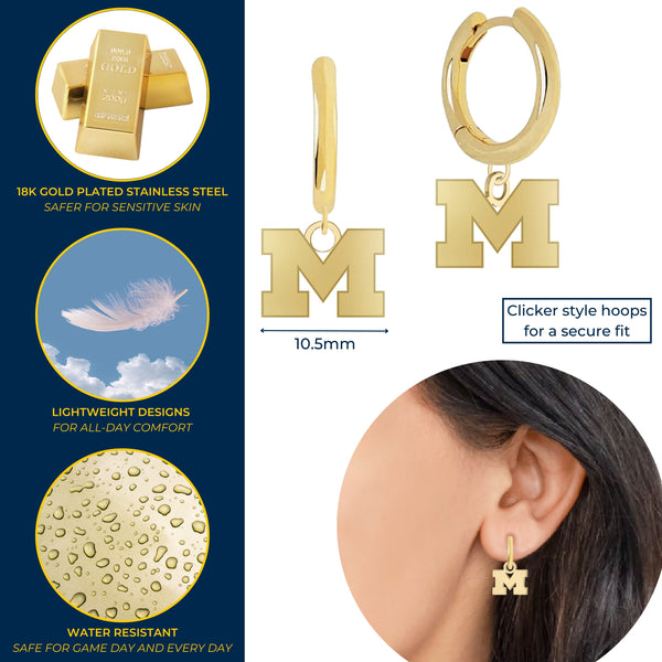 Michigan Block M Charm Hoops - 18K Gold Dipped