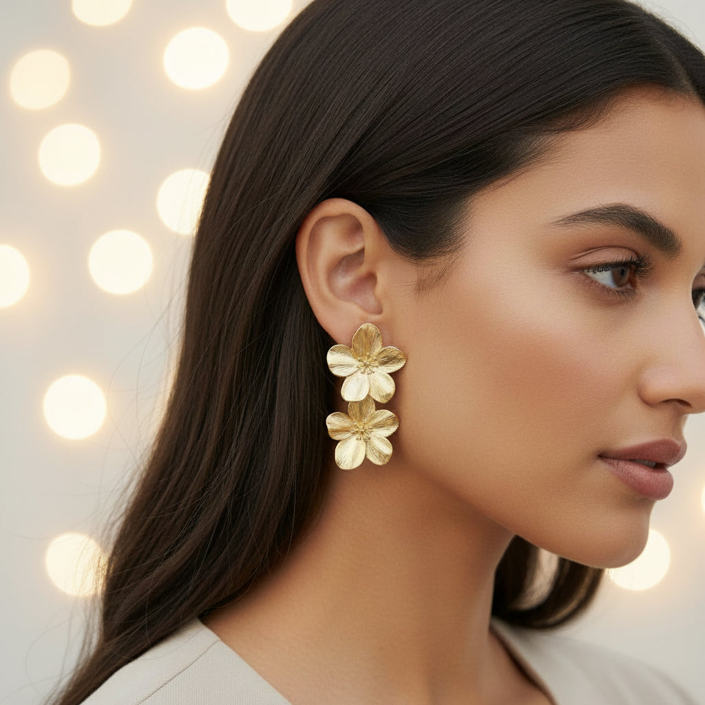 Woman wearing gold floral earrings