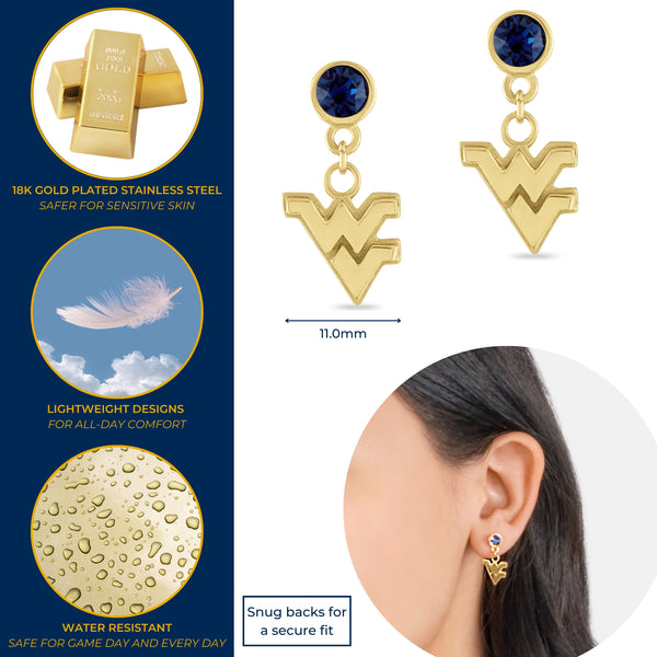 WVU Flying WV Gold Plated Crystal Drop Earrings