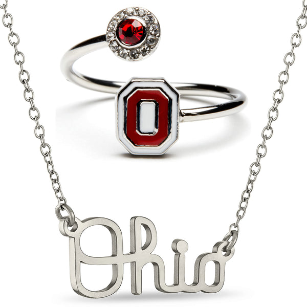 Ohio State Block O Ring + Script Ohio Necklace Set
