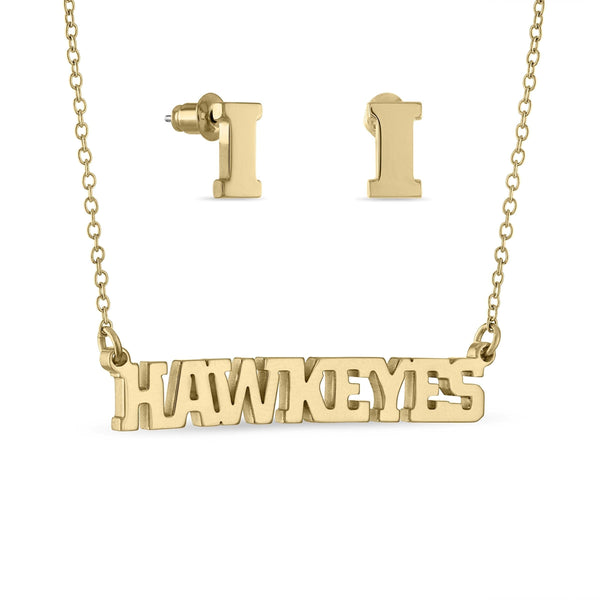 Iowa HAWKEYES Gold Plated Necklace + Block I Studs Set