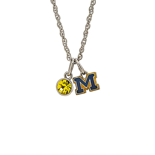 Michigan Blue Block M Crystal Necklace